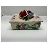 Vtg Porcelain Rose Encrusted 3D Vanity Dresser Box