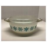 1950's Pyrex Turquoise Snowflake Casserole Dish w/