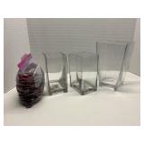 Lot of 3 Glass Vases and Bag of Red Beads