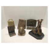 Bronze bookends, statue and cow bells
