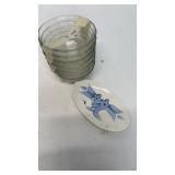 7 glass bowls and a deco ceramic plate