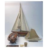 2 model sail boats, wood wine rack, pen holder,