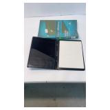 Leather notepad and hanging folders.