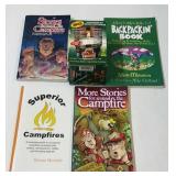 Camping gear, books and camp light.