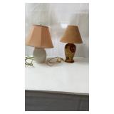 2 desk lamps, white 16in tall, floral tan 15in