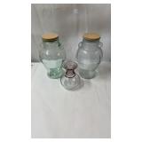 2 12in jugs with wood lid, 1 blown glass  7in
