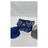 2 hats and a Detroit pistons lunch carrying bag.