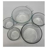 5 glass bowls and small glass pot