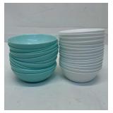 11 glass blue bowls and 15 white glass bowls
