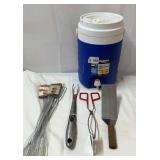 Camping utensils with drink cooler.