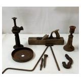 Vintage tools and automotive jacks.