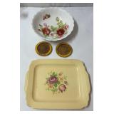 Porcelain Platter, bowl and coasters w flowers