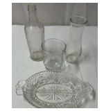 2 vintage bottle vases and relish dish