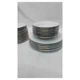 16 gold rimmed small plates, 8 gold rimmed bowls