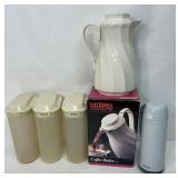 3 rubbermaid pitchers, coffee butler and thermos