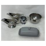 STAINLESS GRAVY BOATS & BOWL, CERAMIC BUTTER DISH
