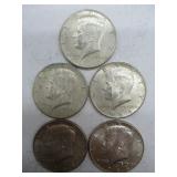 Five 1964 Kennedy Half Dollars