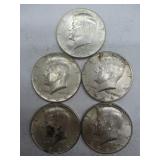 Five 1964 Kennedy Half Dollars