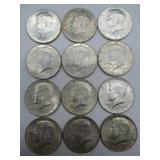Twelve 1964 Kennedy Half Dollars