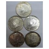 Five 1964 Kennedy Half Dollars