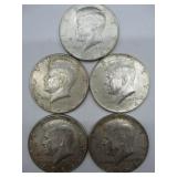 Five 1964 Kennedy Half Dollars