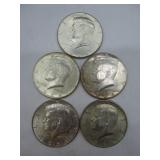 Five 1964 Kennedy Half Dollars