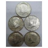 Five 1964 Kennedy Half Dollars