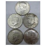 Five 1964 Kennedy Half Dollars