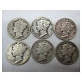 6 Mercury Dimes - '27, '28, '35, '37, 41'