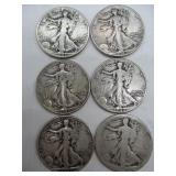 Six USA Walking Liberty Half Dollars