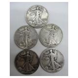 Five USA Walking Liberty Half Dollar
