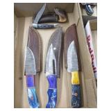 Four Damascus Knives in Sheaths