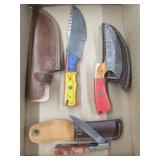 Three Damascus Knives in Sheaths