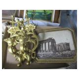 Goldtone Candle Sconces, VTG Framed Art