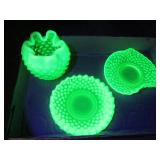 Uranium Glass Hobnail Vase and Dishes