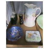 Green Glass S/P Shakers, Pitcher, Tin, Dish