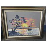 Boat at Sunset Embroidered Art