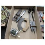 Fishing Reel, Knife w/Sheath, Hand Tools