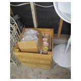 Wood Crate of Jar Lids & Plastic Bottles