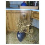 Blue Glass Vase w/Gold Faux Plant