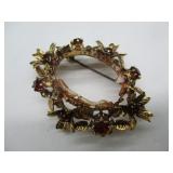 Goldtone Brooch w/Red Stones
