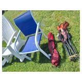 (2) Blue Lawn Chairs & (2) Folding Chairs