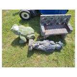 (3) Concrete Yard Ornaments: Frog, Boy, Bench -All