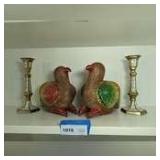PAIR OF WOODEN BIRD FIGURES AND BRASS AND MOTHER OF PEARL CANDLESTICKS