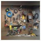 ALL ITEMS HANGING IN SHOP WALL AREA MARKED 1246 INCLUDING TOOLS, S HOOKS, HOSE CLAMPS, DRILL ATTACHMENTS, STRIPPING WHEEL, GRINDER BLADES, AND MORE