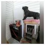 ALL ITEMS IN CORNER MARKED 1136 INCLUDING LIFETIME FOLDING TABLE, OPEN BOOKCASE, LARGE BLACK LAB STUFFED PLUSH, AND MORE