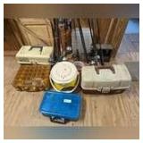 FISHING BONANZA LOT INCLUDING TACKLE BOXES, BAIT BUCKET, CRICKET BASKET, AND MULTIPLE ROD AND REEL COMBOS