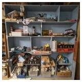 ENTIRE CONTENTS OF SHELVING UNIT MARKED 1298 INCLUDING TOOLS, PAINT SUPPLIES, FASTENERS, FLASHLIGHT, FISHING REELS, VINTAGE OIL LAMP, AND MUCH MORE