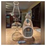 VINTAGE GLASS OIL LAMP AND BOTTLE OF LAMP OIL
