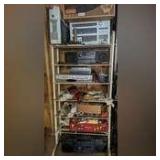 METAL SHELF UNIT AND CONTENTS INCLUDING VINTAGE STEREO EQUIPMENT, VHS PLAYER, PAINTING SUPPLIES, AND MORE